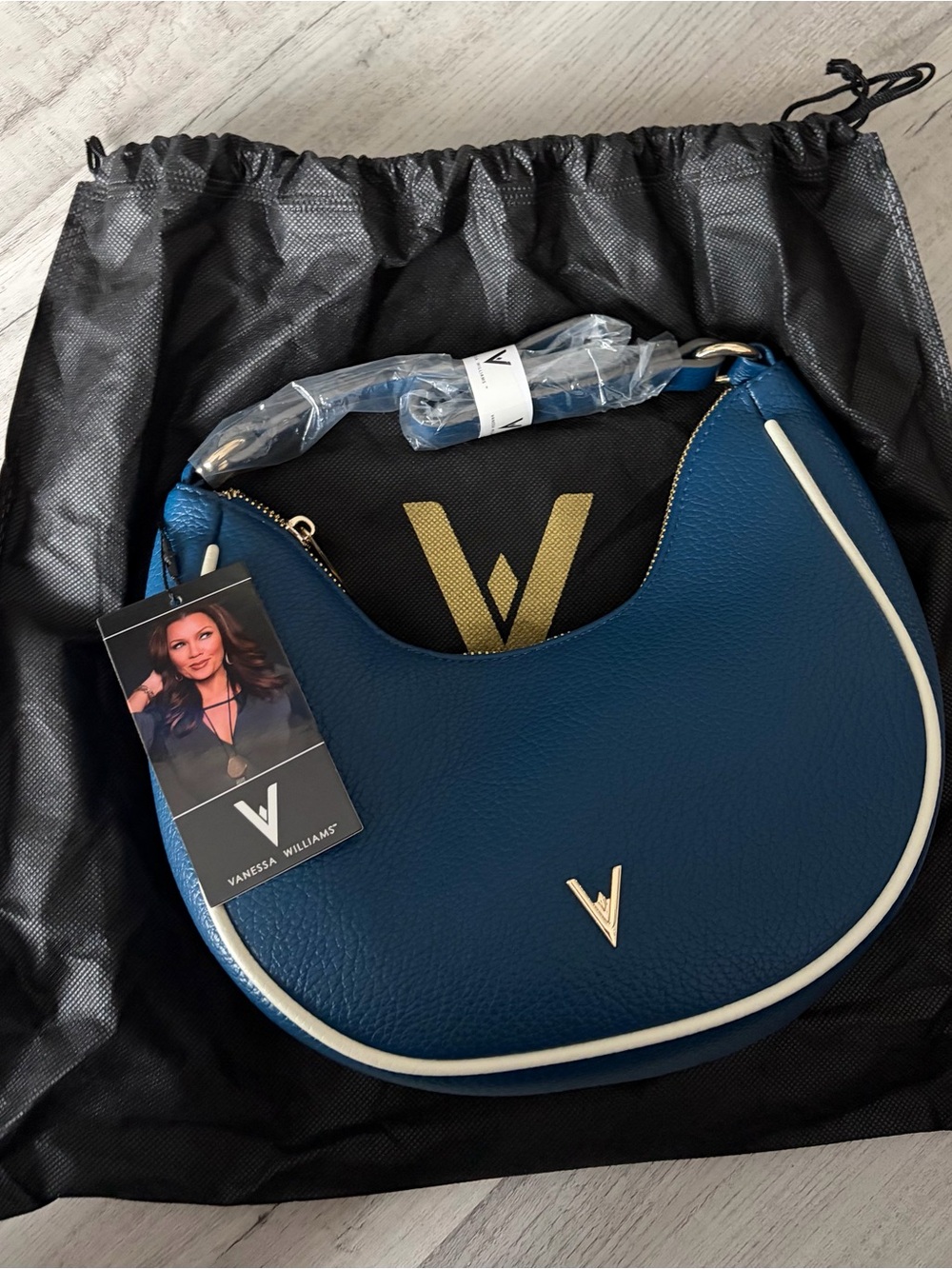 Vanessa Williams Teal Crescent Shoulder Bag with Cream Trim